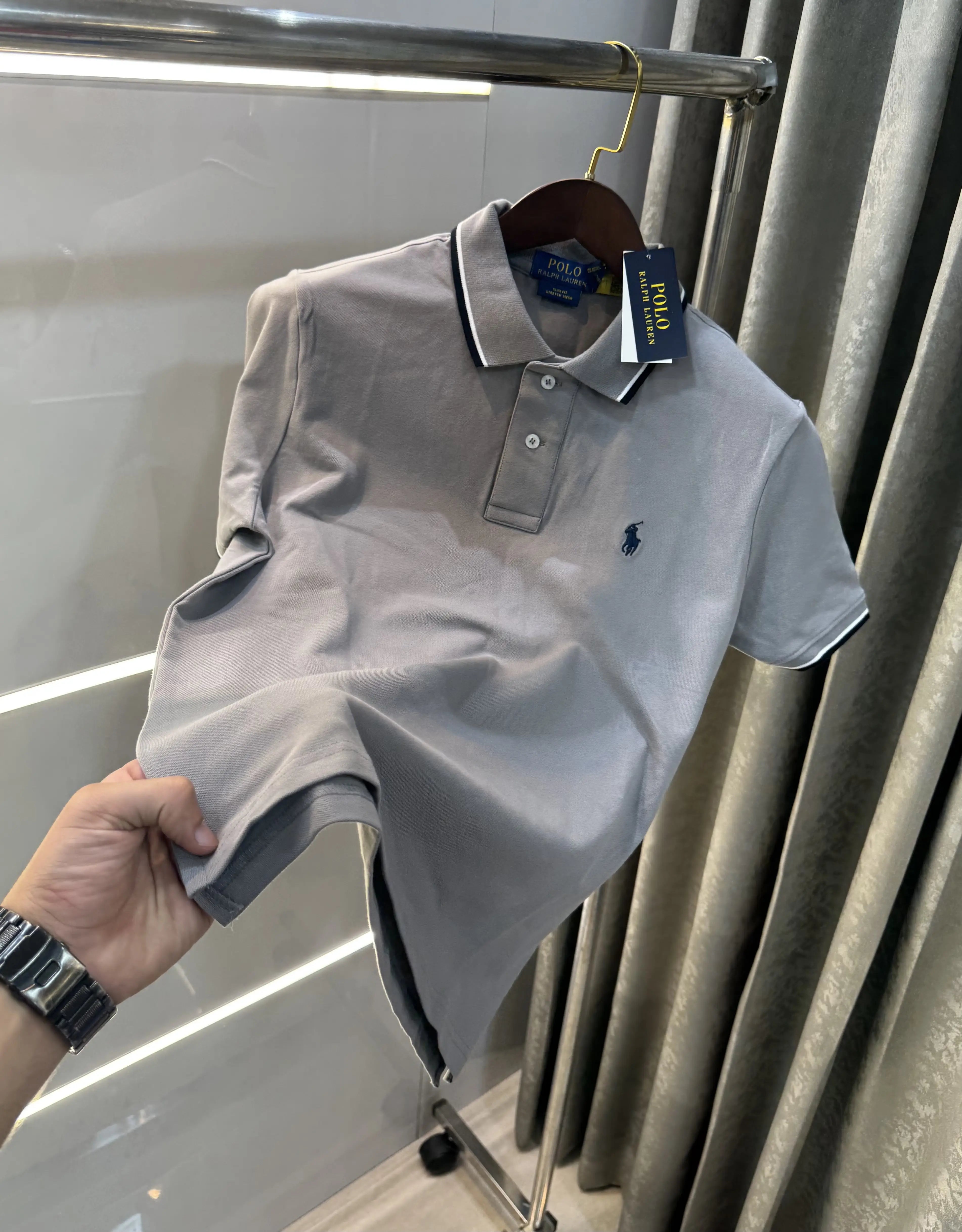 Ralph Lauren Light Grey Embroidery Logo Premium Classic Polo T-Shirt