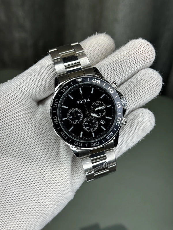 Fossil Bannon Silver Black Chronograph Watch