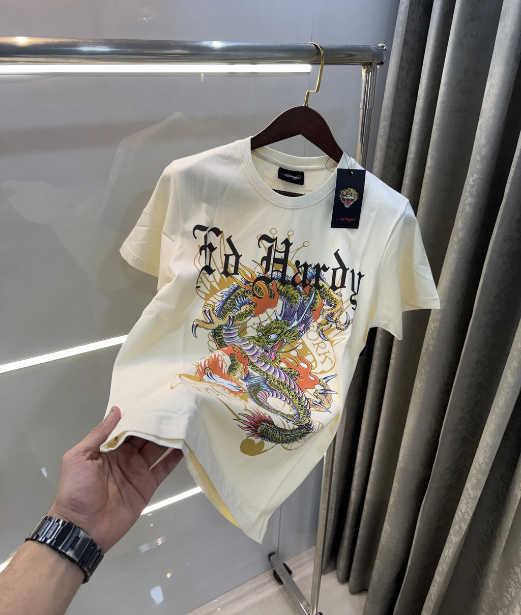 Ed Hardy Cream Logo Work Imported T-Shirt