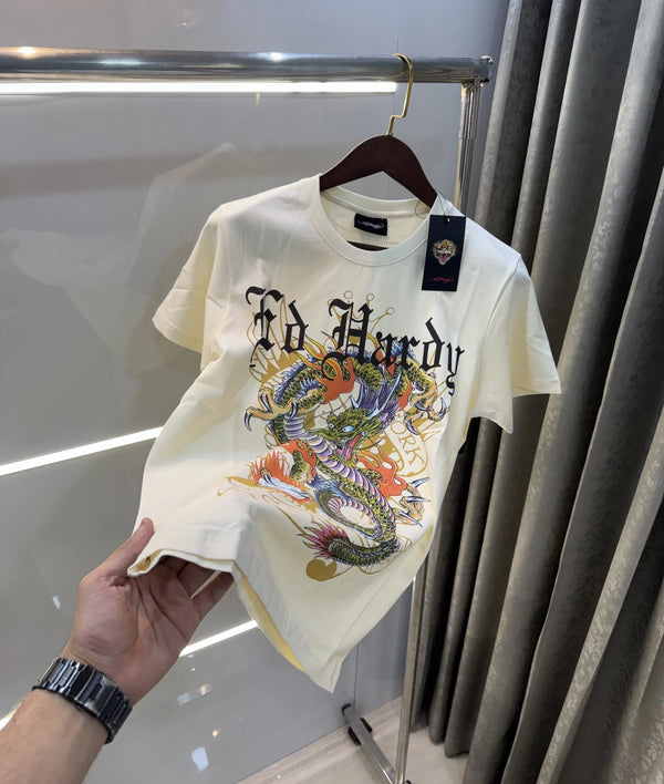 Ed Hardy Cream Logo Work Imported T-Shirt