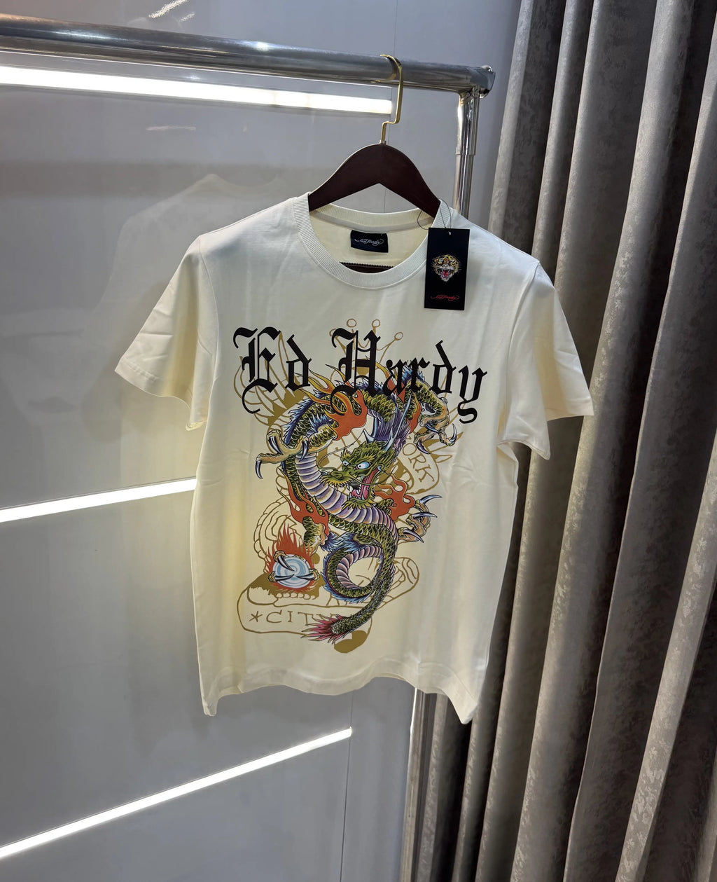 Ed Hardy Cream Logo Work Imported T-Shirt