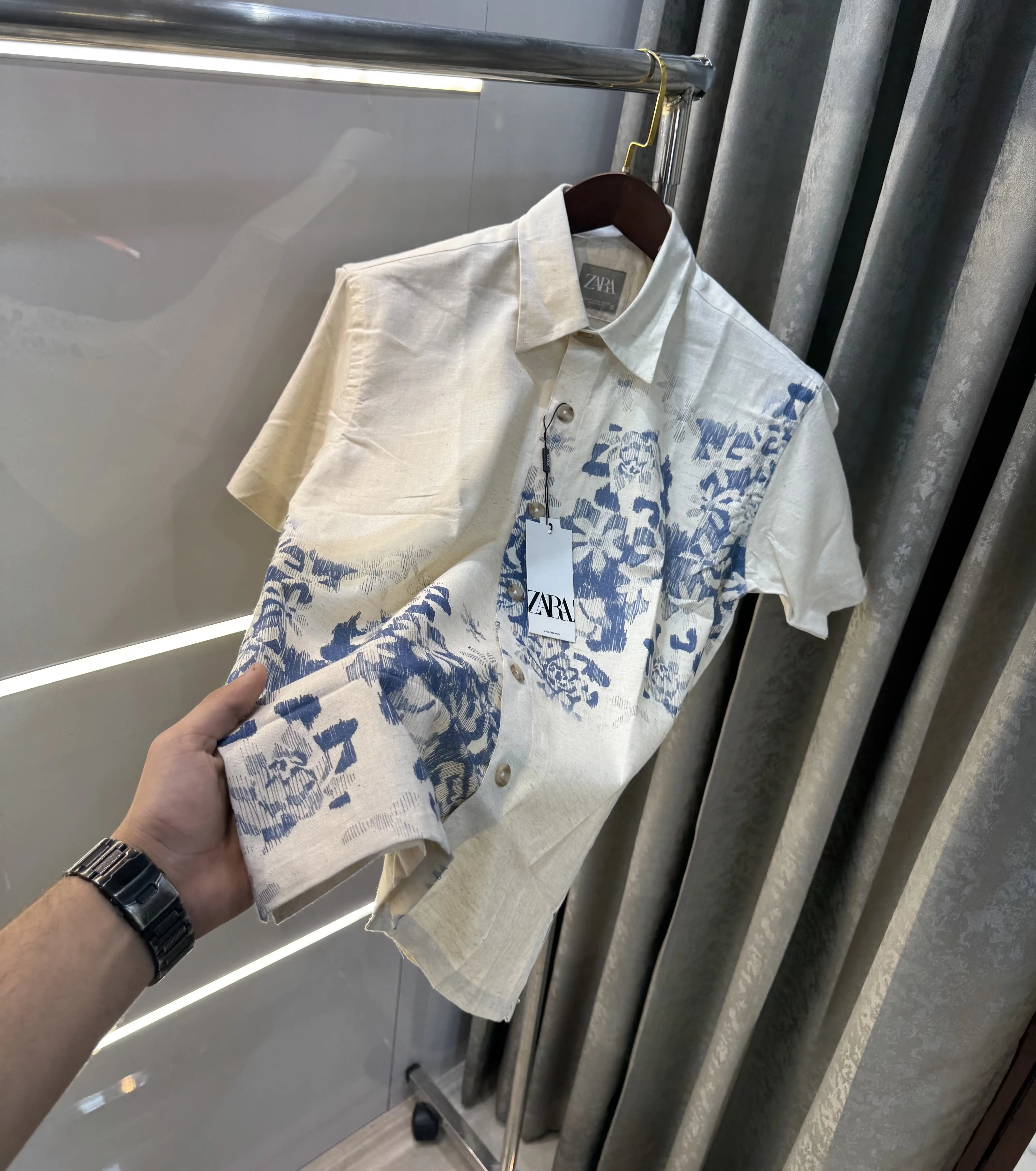 Zara Beige Blue 3 Premium Linen Shirt Main image