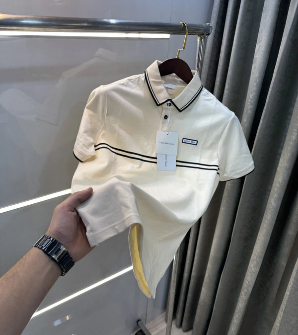 Calvin Klein Cream Logo Work Premium Polo T-Shirt