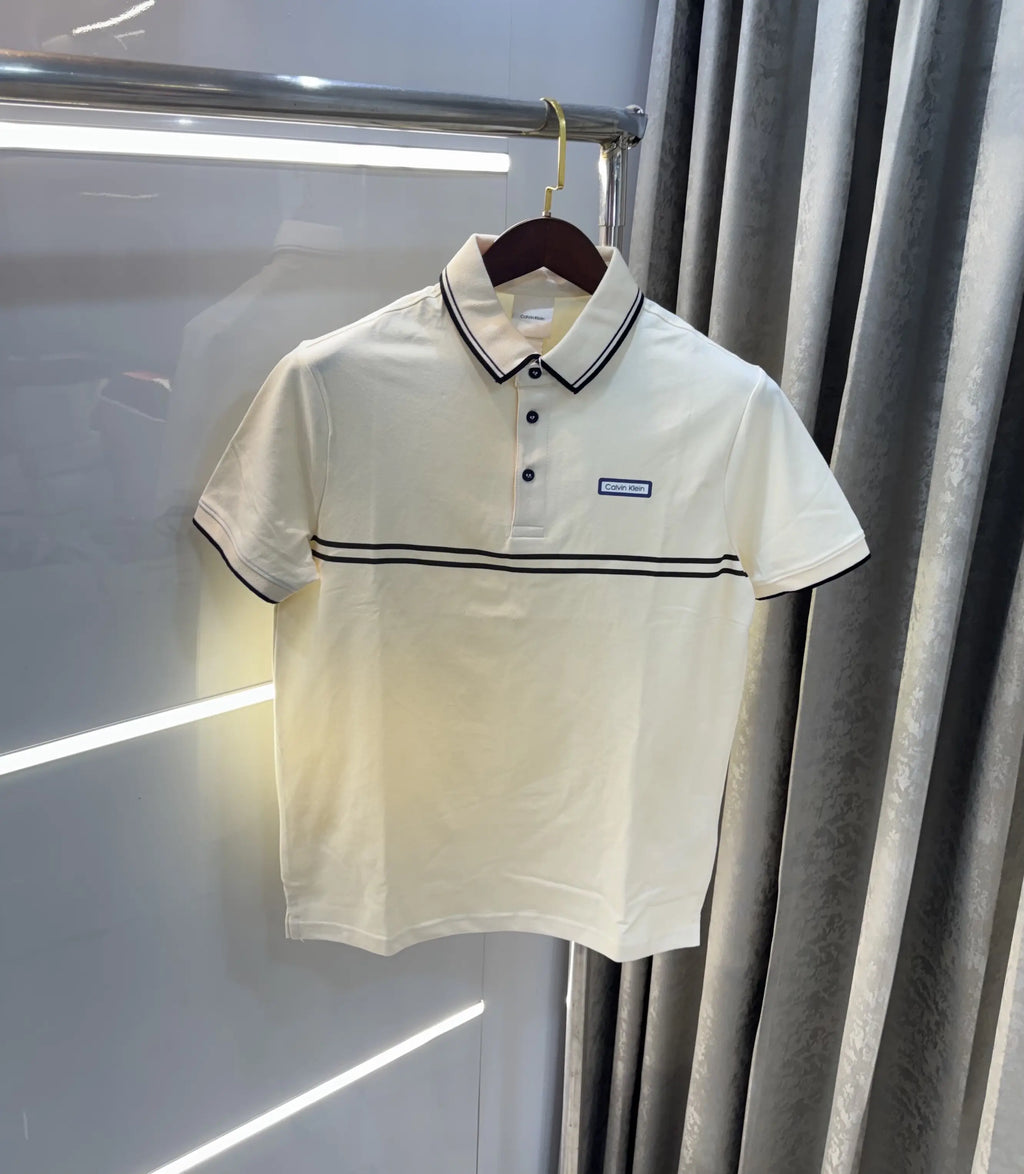 Calvin Klein Cream Logo Work Premium Polo T-Shirt