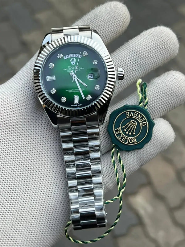 Rolex Day Date Silver Green Diamond