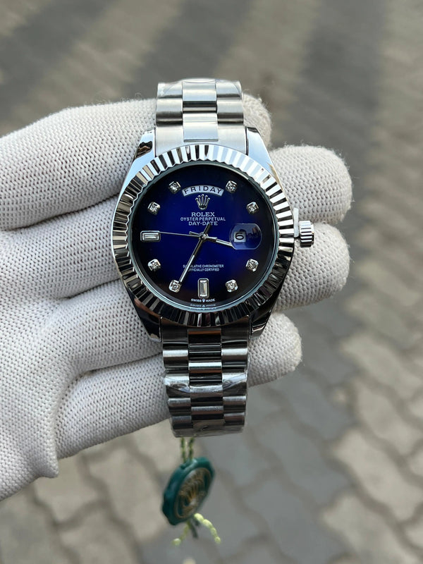 Rolex Day Date Silver Blue Diamond