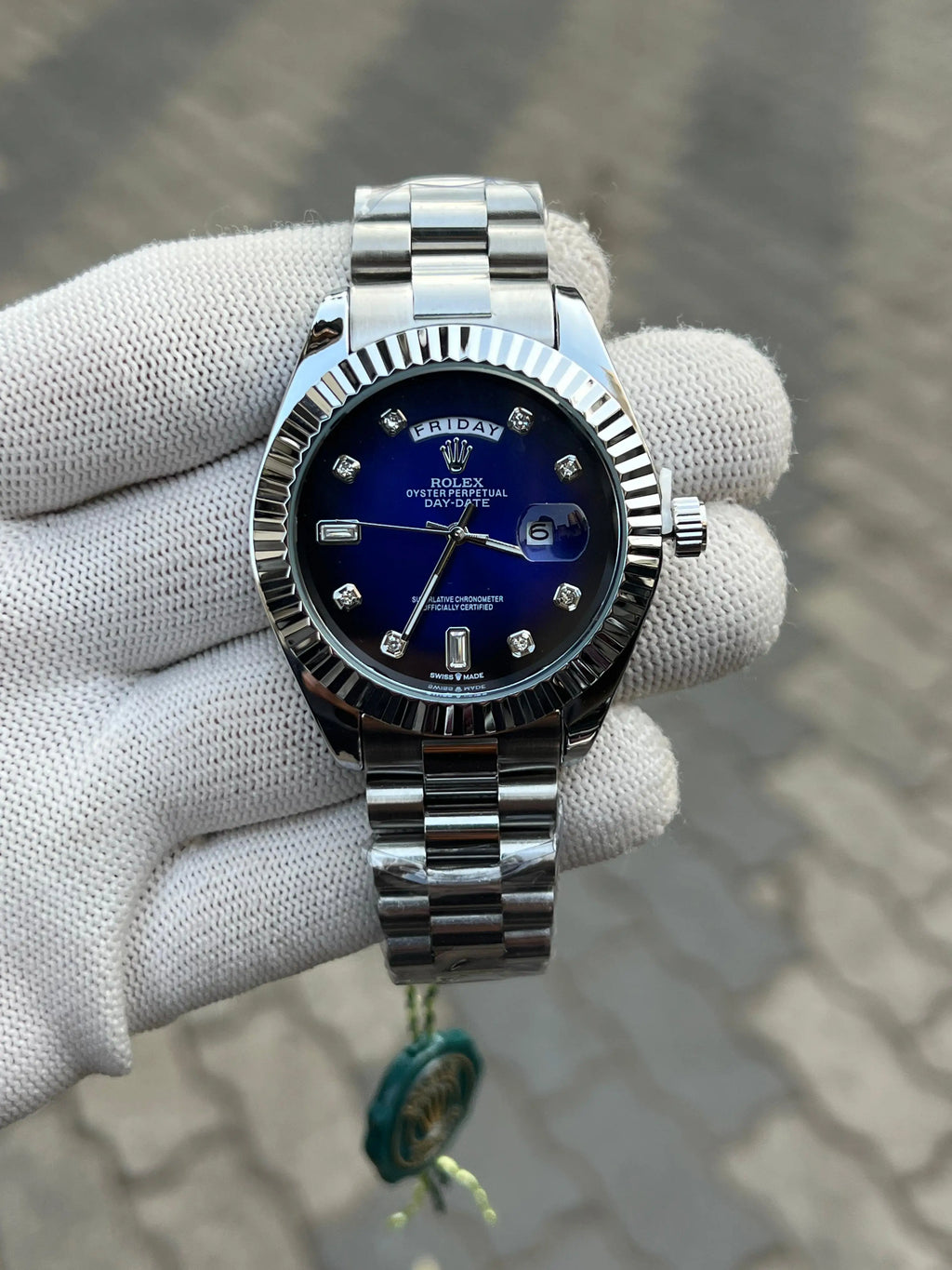 Rolex Day Date Silver Blue Diamond