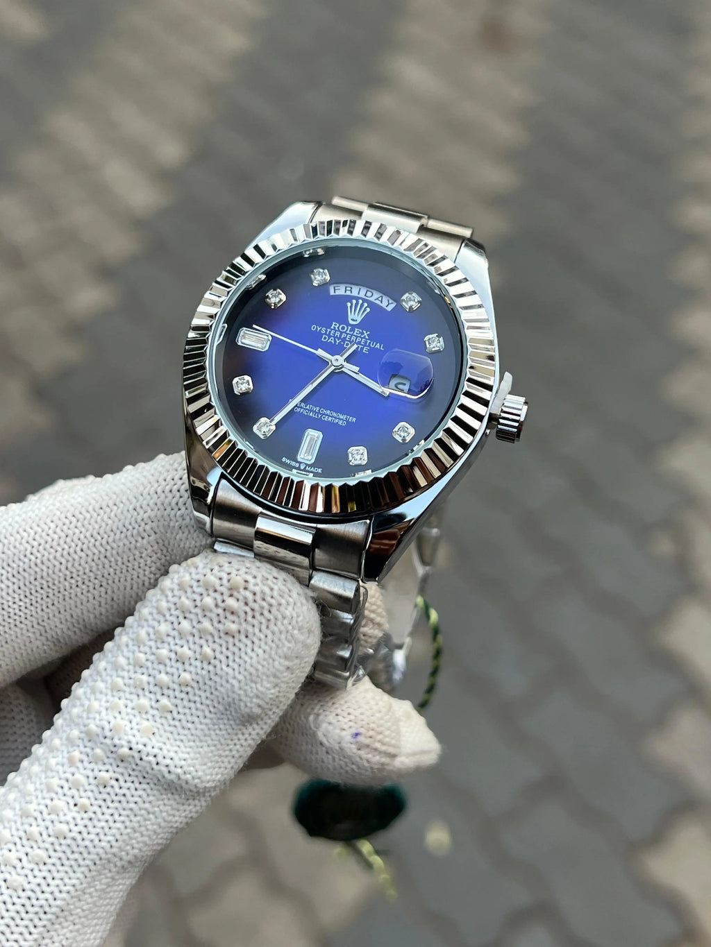 Rolex Day Date Silver Blue Diamond