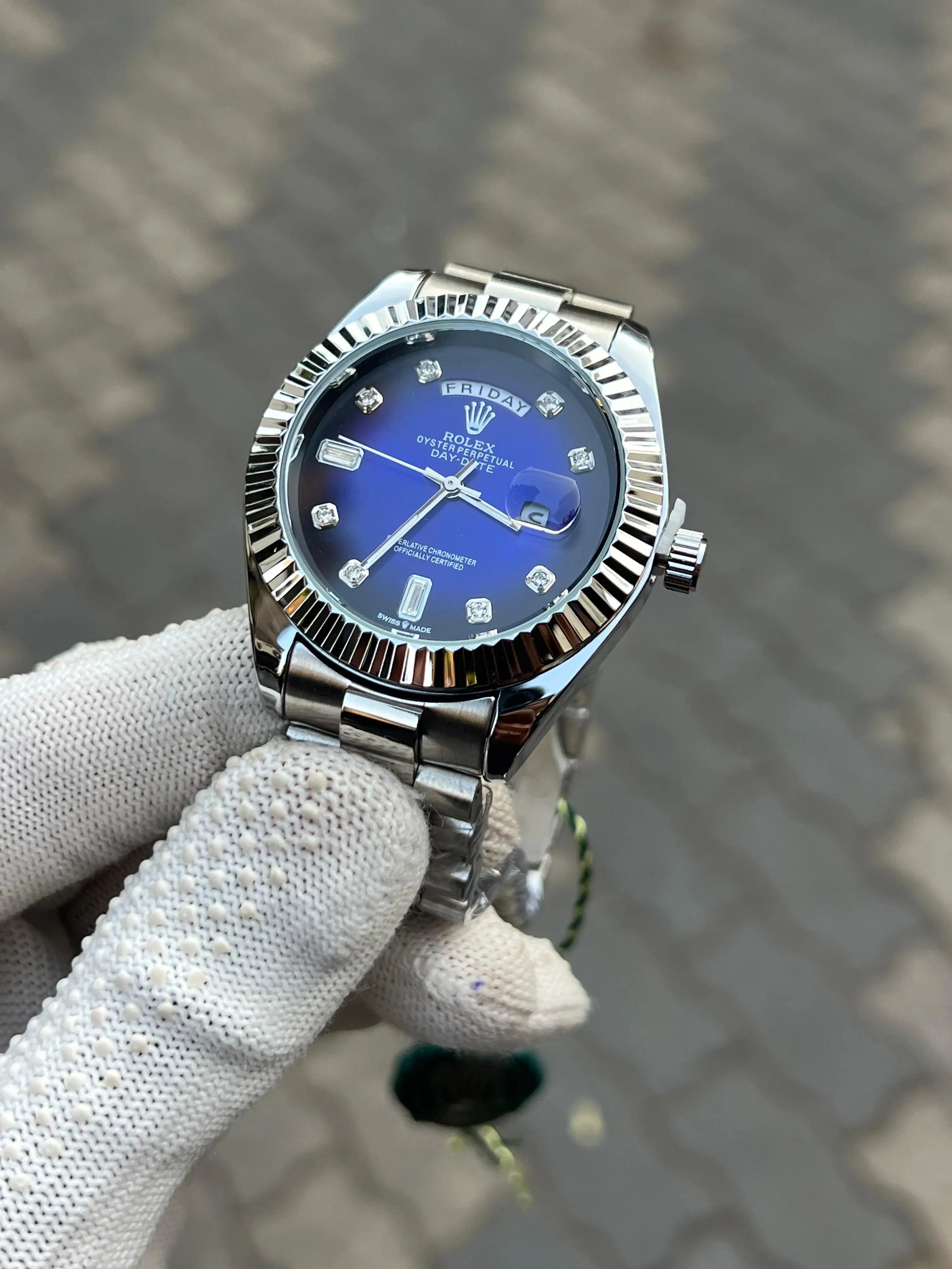 Rolex Day Date Silver Blue Diamond