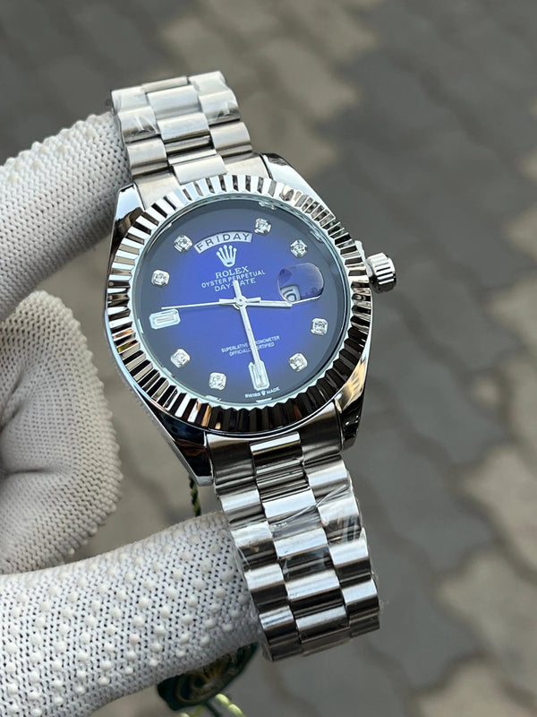 Rolex Day Date Silver Blue Diamond
