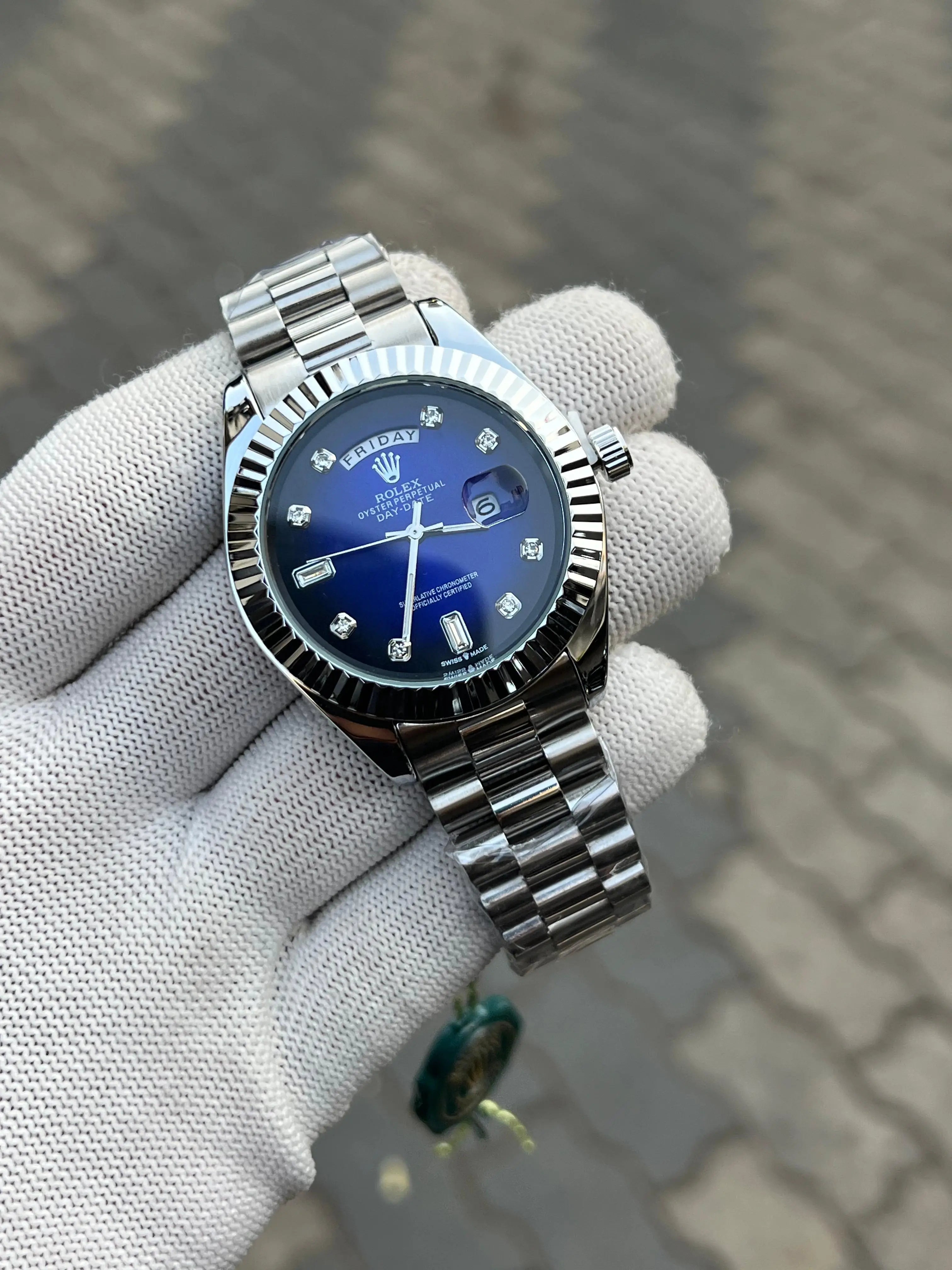 Rolex Day Date Silver Blue Diamond