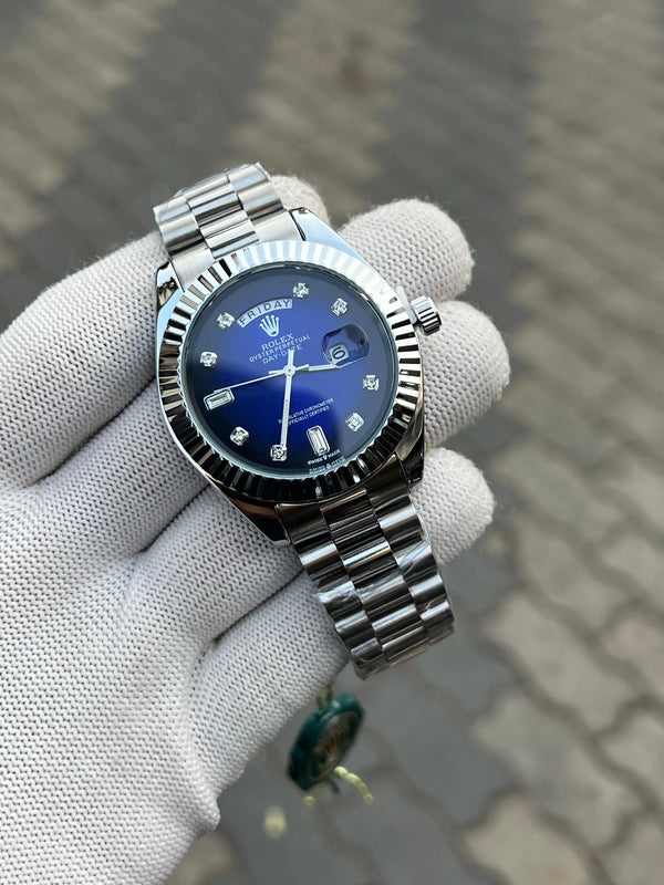 Rolex Day Date Silver Blue Diamond
