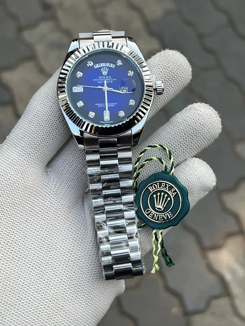 Rolex Day Date Silver Blue Diamond