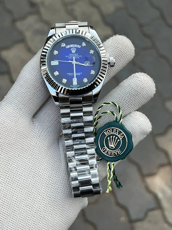 Rolex Day Date Silver Blue Diamond