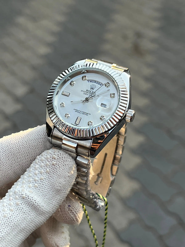 Rolex Day Date Silver White Diamond