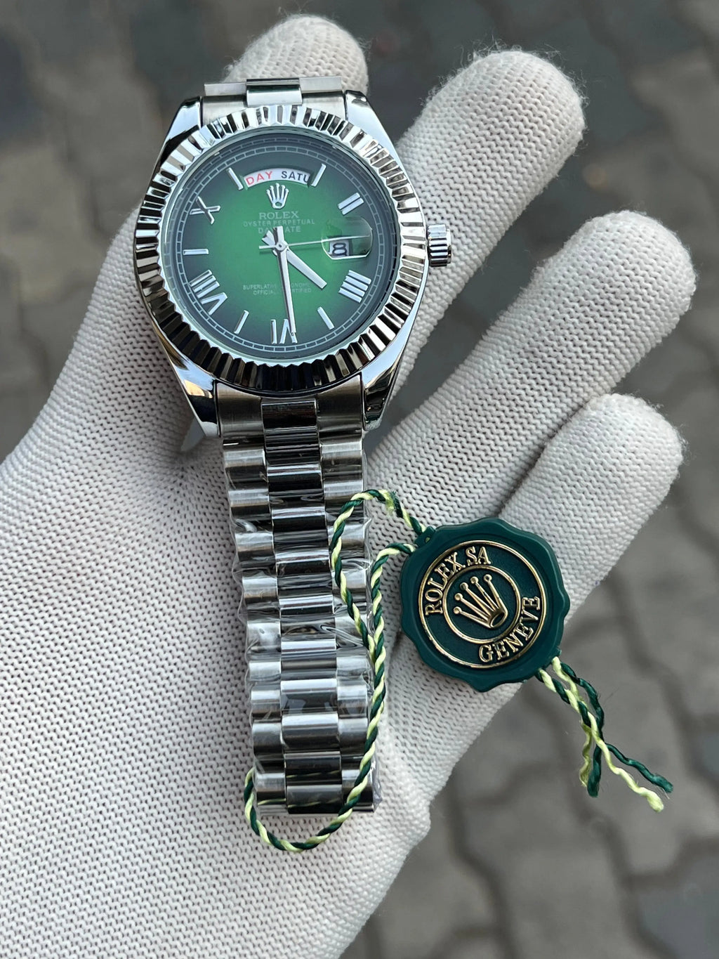 Rolex Day Date Silver Green Roman Dial