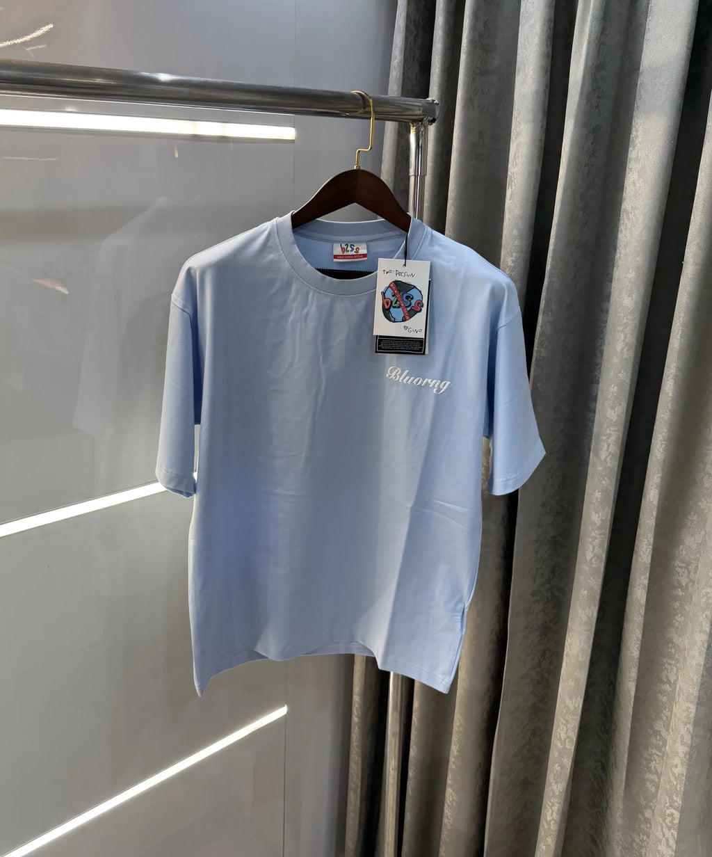 Bluorang Sky Blue Embossed Logo Imported Oversized T-Shirt