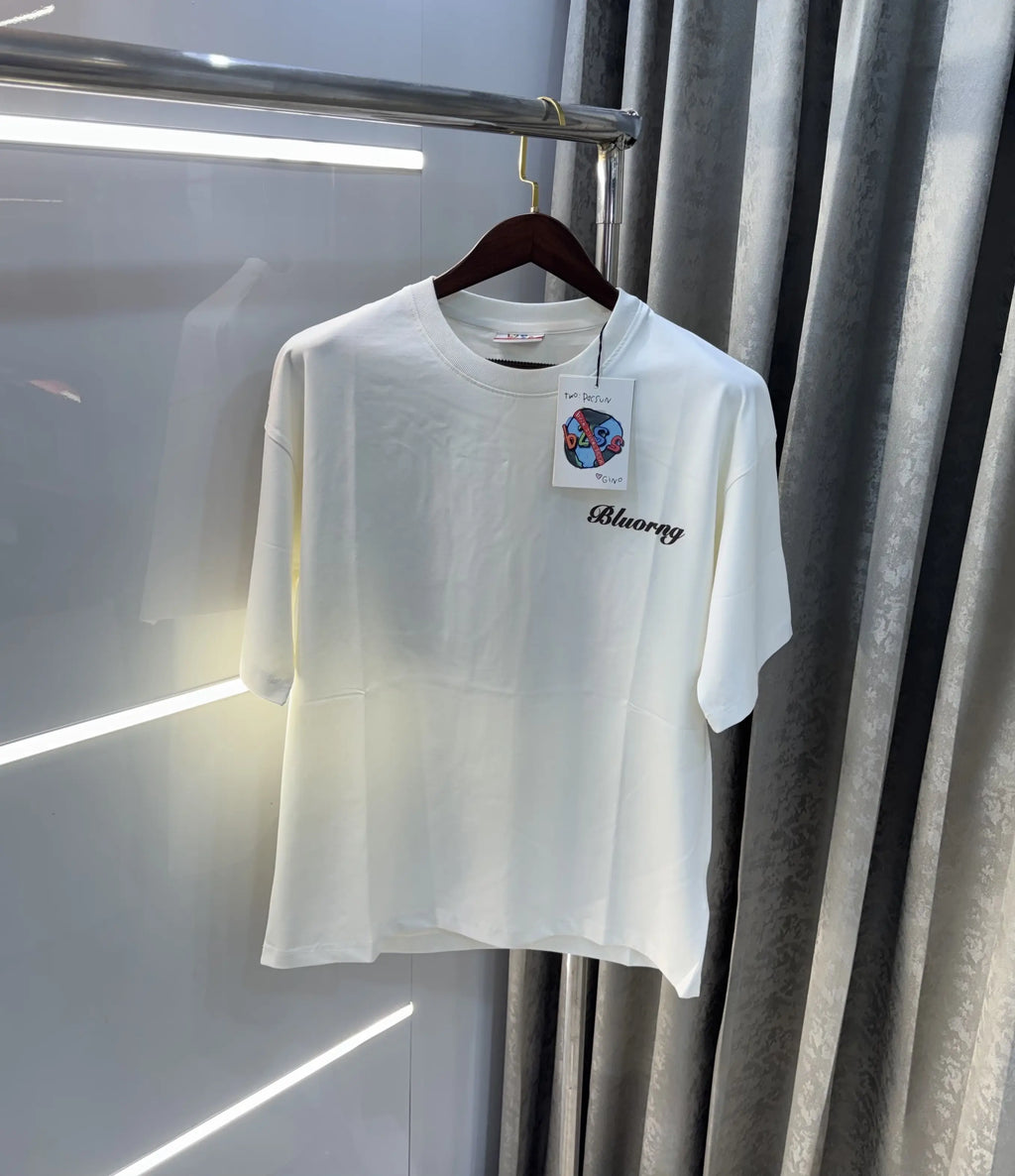 Bluorang White Embossed Logo Imported Oversized T-Shirt