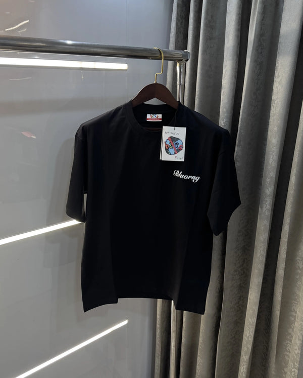 Bluorang Black Embossed Logo Imported Oversized T-Shirt