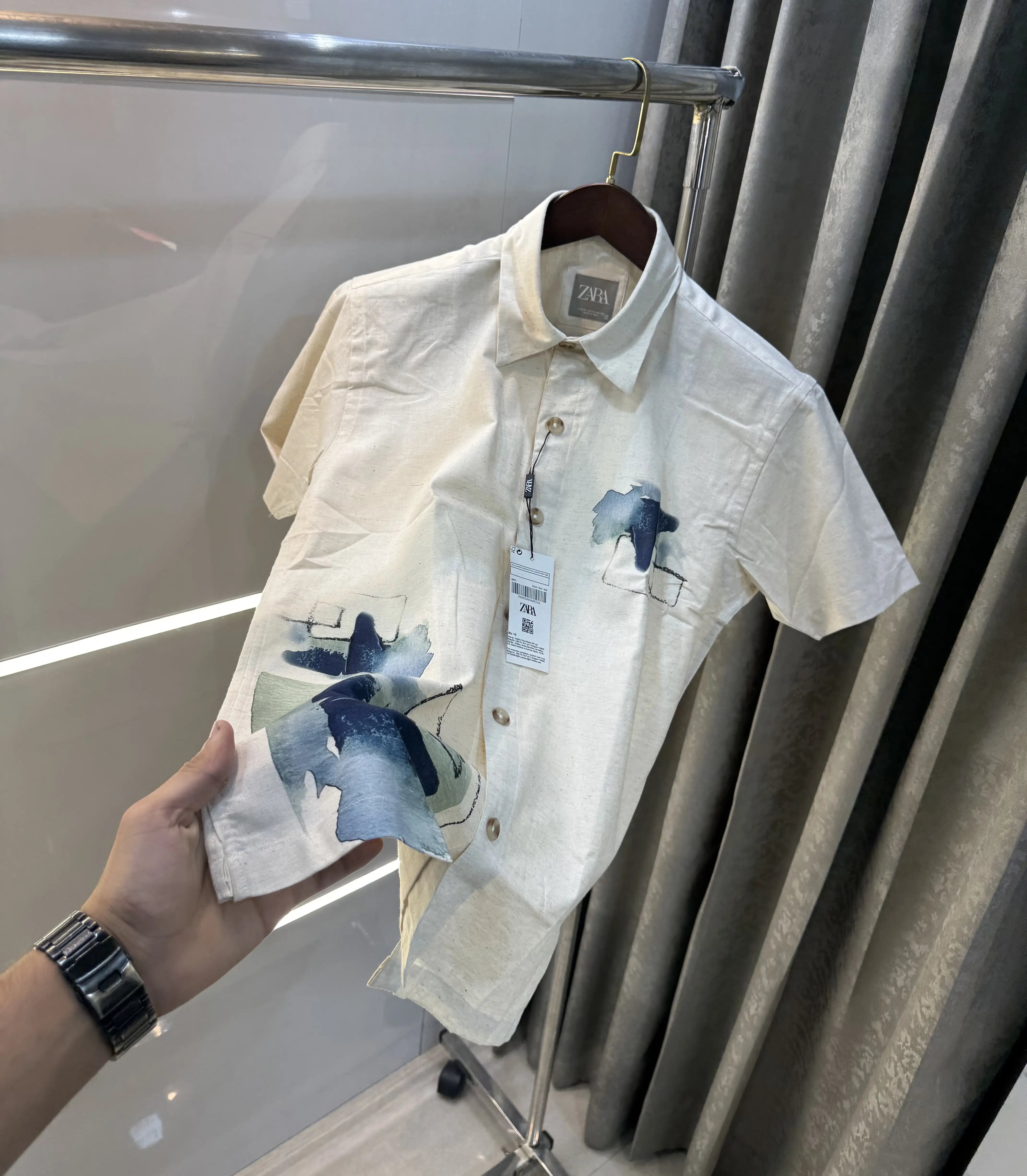Zara Beige Blue 7 Premium Linen Shirt Main image