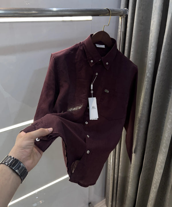 Lacoste Wine Embroidery Logo Premium Linen Shirt