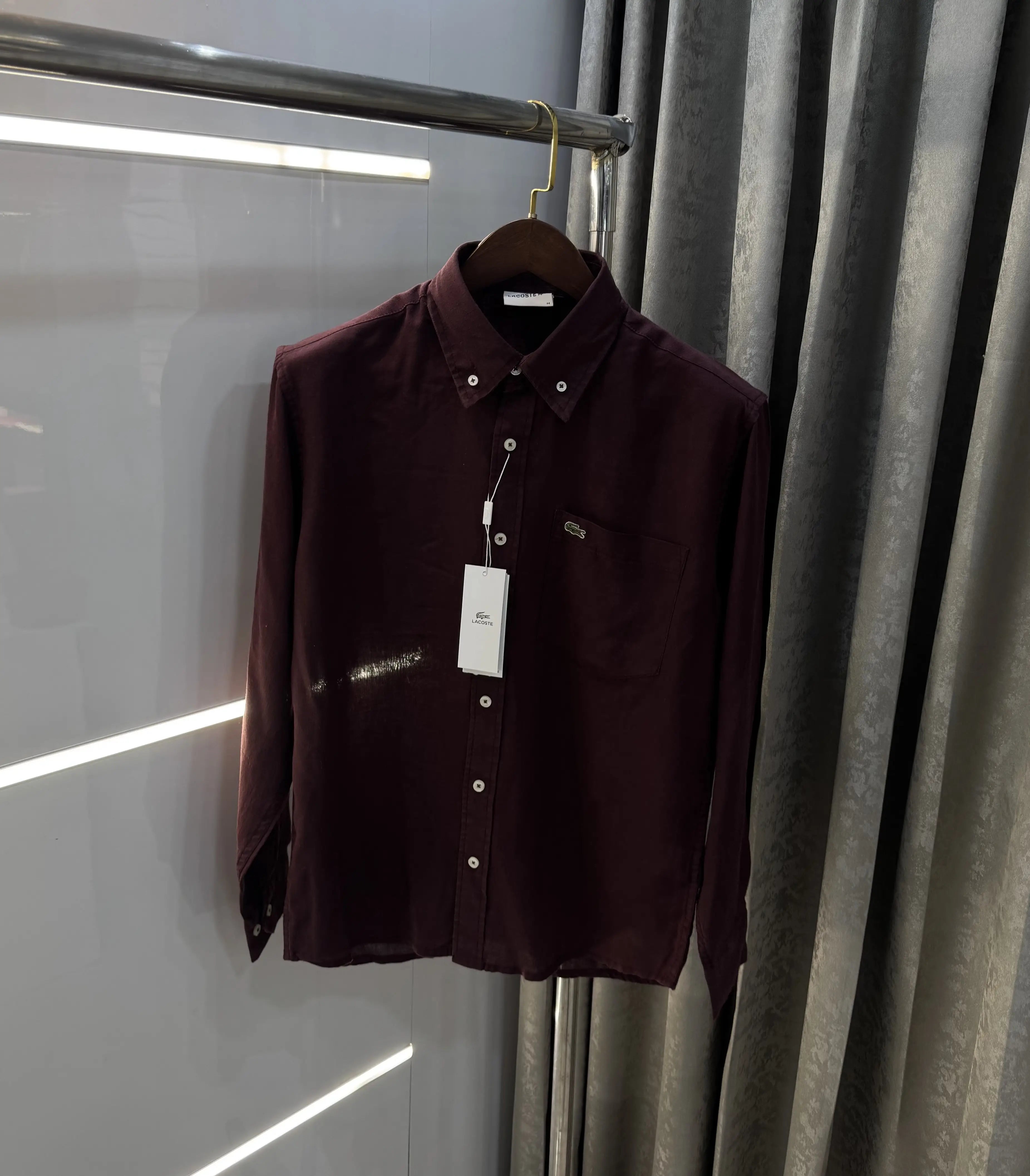 Lacoste Wine Embroidery Logo Premium Linen Shirt