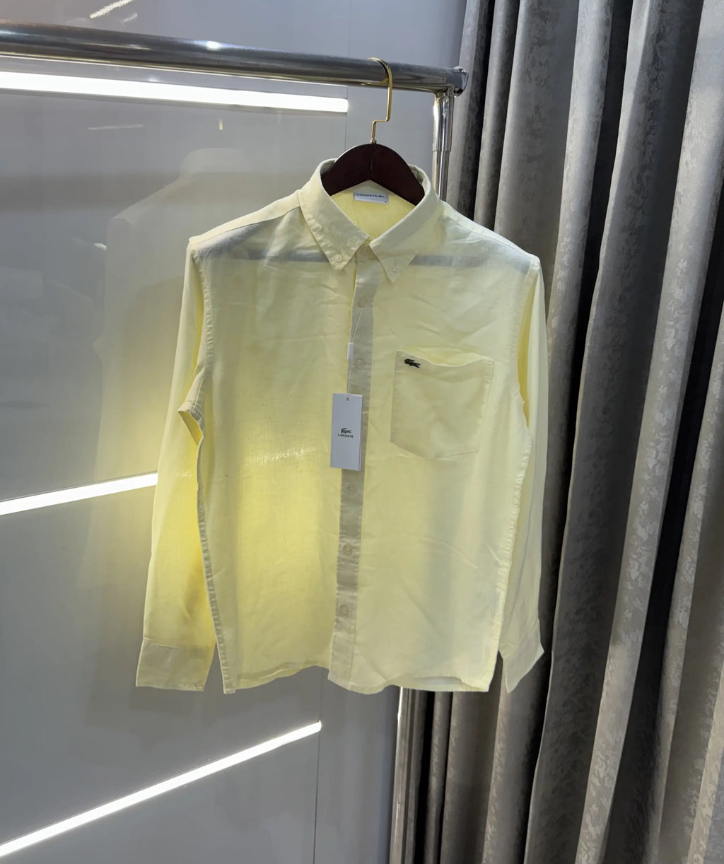 Lacoste Yellow Embroidery Logo Premium Linen Shirt
