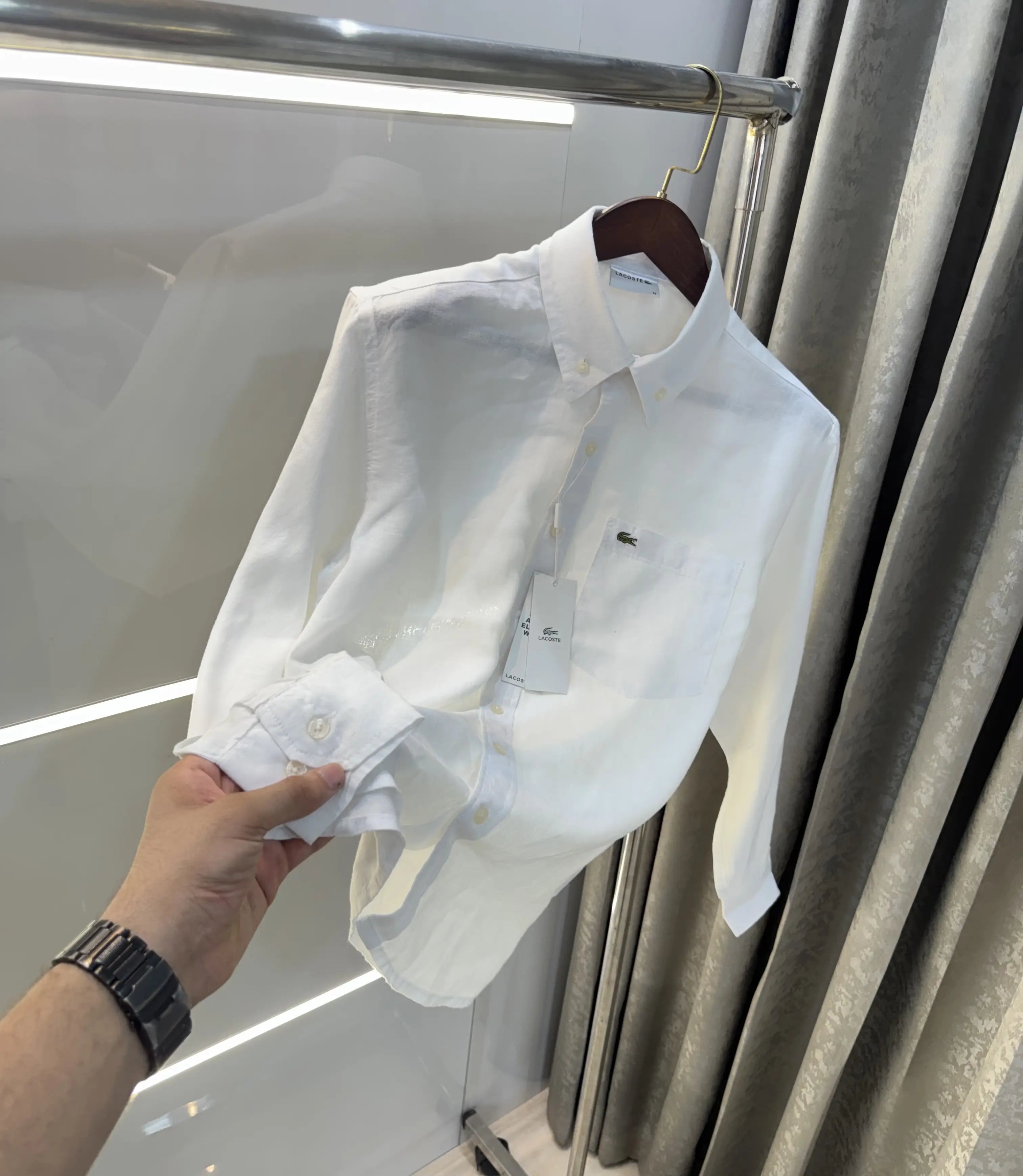 Lacoste White Embroidery Logo Premium Linen Shirt