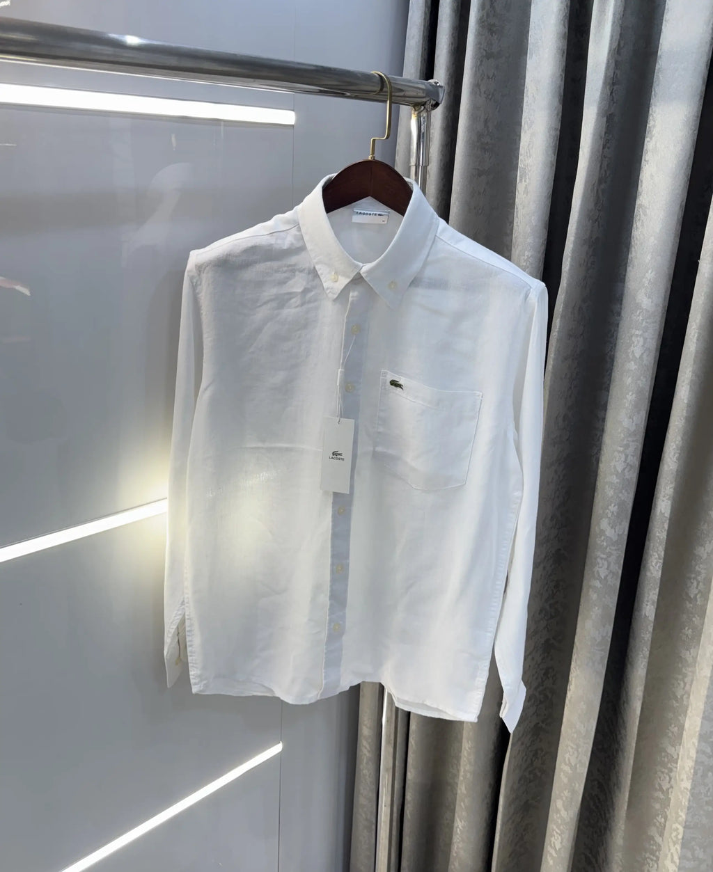 Lacoste White Embroidery Logo Premium Linen Shirt