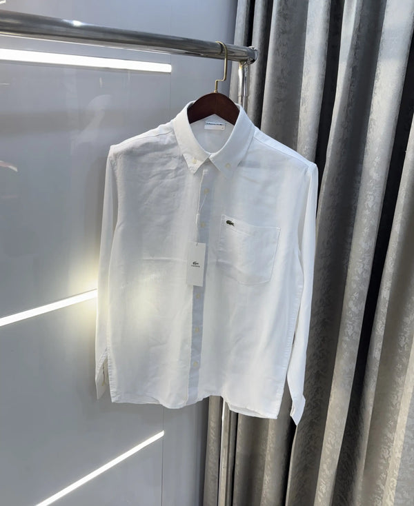 Lacoste White Embroidery Logo Premium Linen Shirt