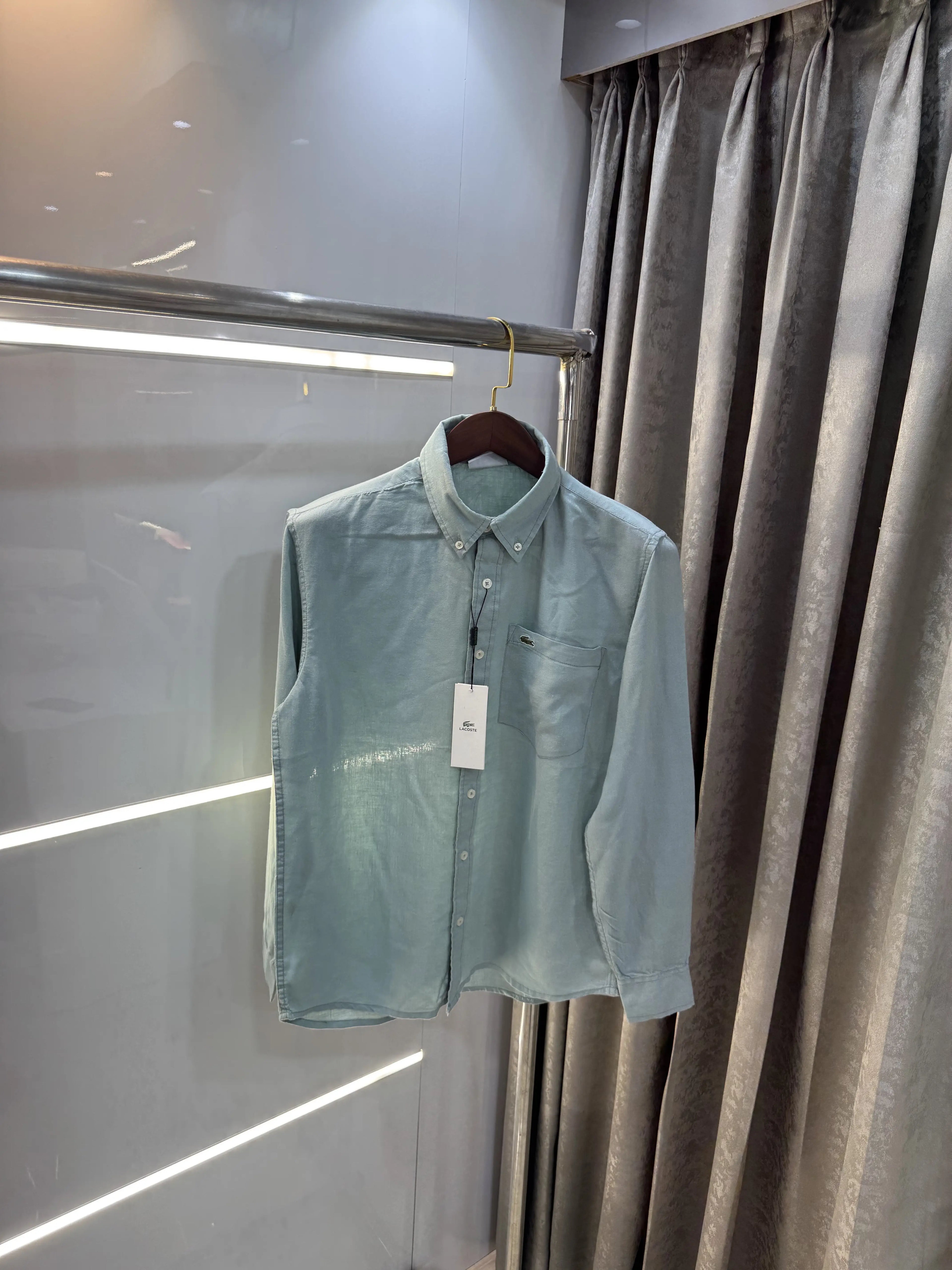 Lacoste Green Embroidery Logo Premium Linen Shirt