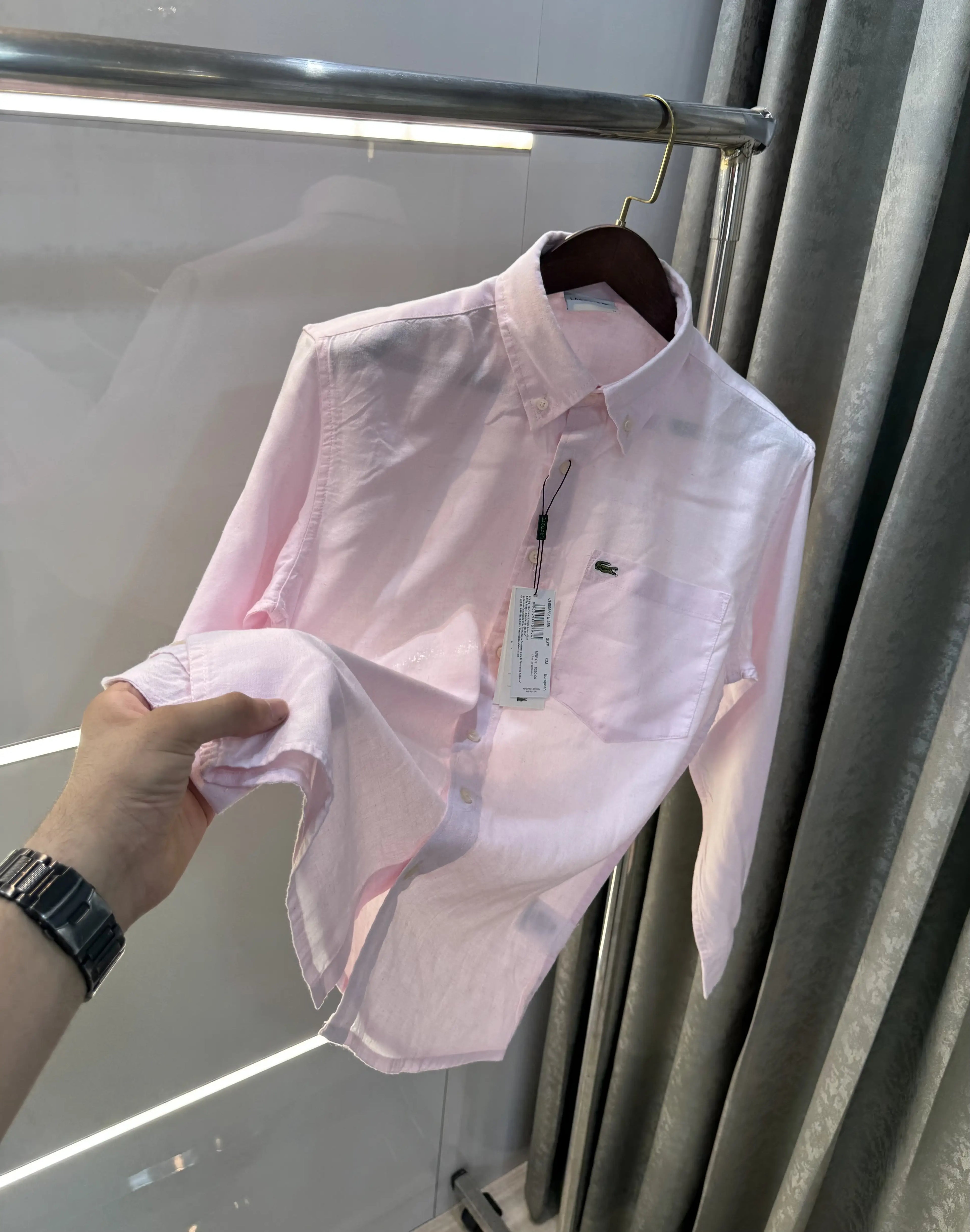 Lacoste Pink Embroidery Logo Premium Linen Shirt