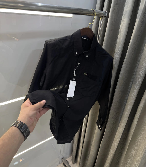 Lacoste Black Embroidery Logo Premium Linen Shirt