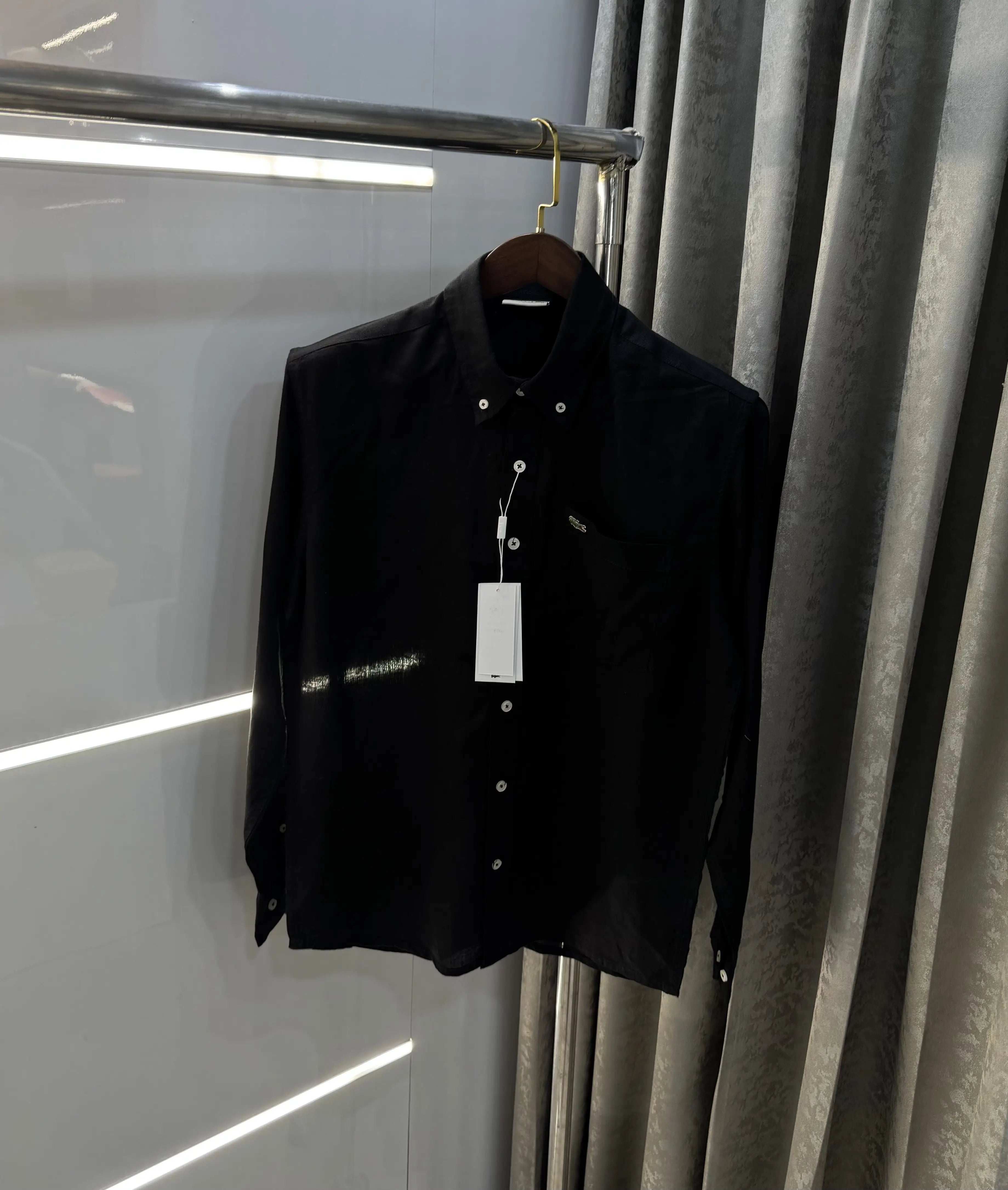 Lacoste Black Embroidery Logo Premium Linen Shirt