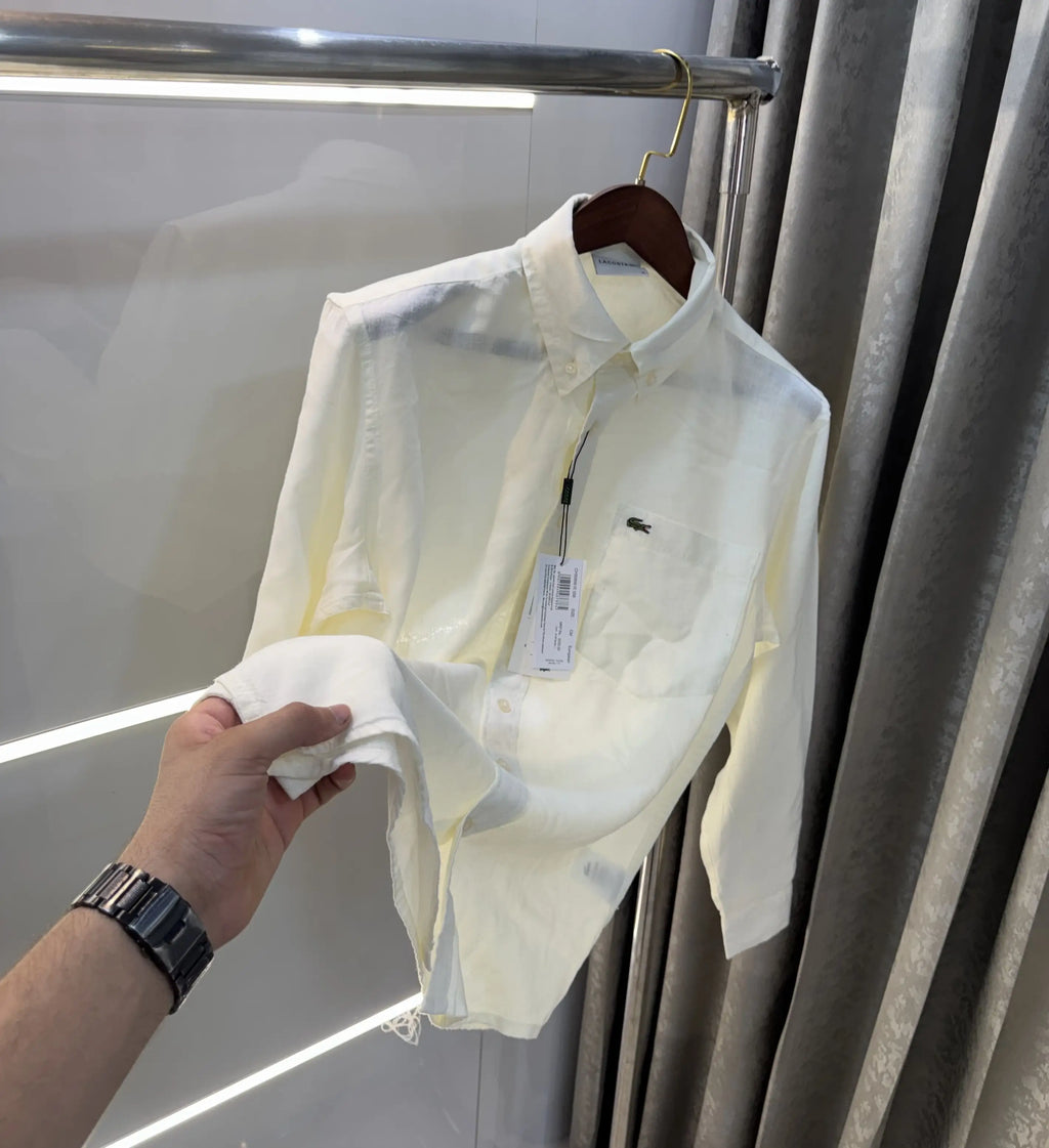 Lacoste Cream Embroidery Logo Premium Linen Shirt
