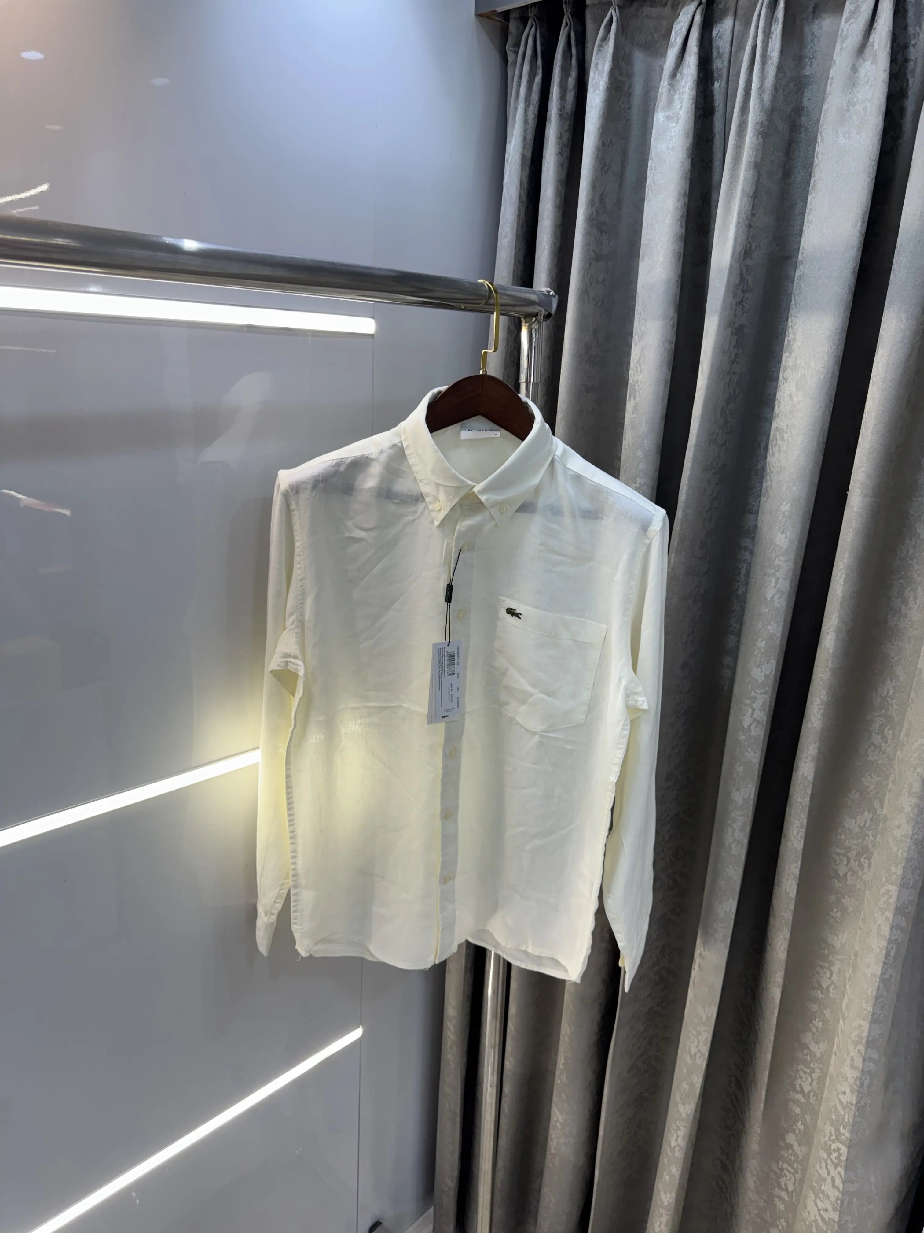 Lacoste Cream Embroidery Logo Premium Linen Shirt