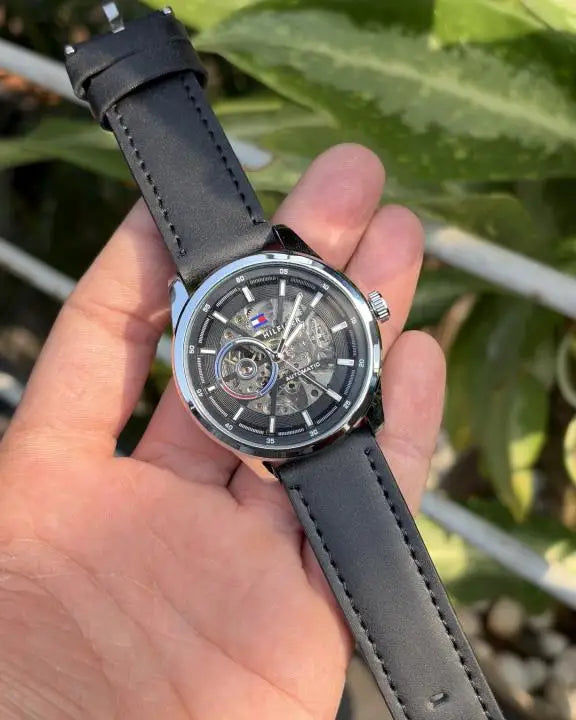 TOMMY HILFIGER AUTOMATIC SILVER BLACK LEATHER