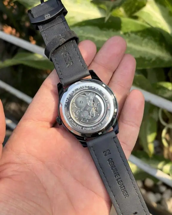TOMMY HILFIGER AUTOMATIC SILVER BLACK LEATHER