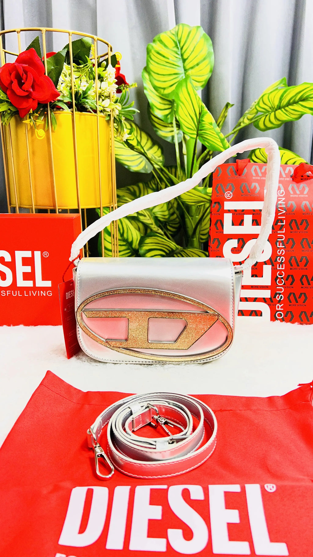 Diesel 1DR Shoulder Bag With OG Box & Dust Bag & Extra Shoulder Strap (SILVER)