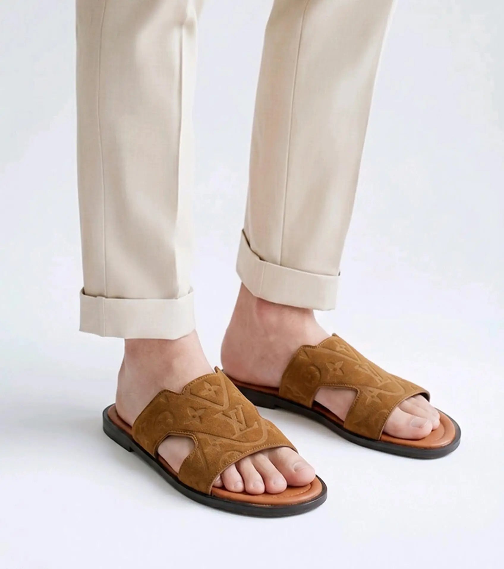 Louis_Vuitton_Tan Suede Leather Slide Main image