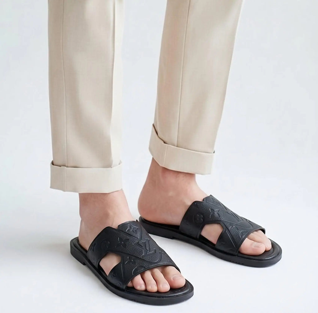 Louis_Vuitton Black Genuine Leather Slide