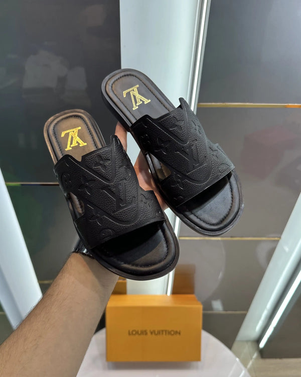 Louis_Vuitton Black Genuine Leather Slide