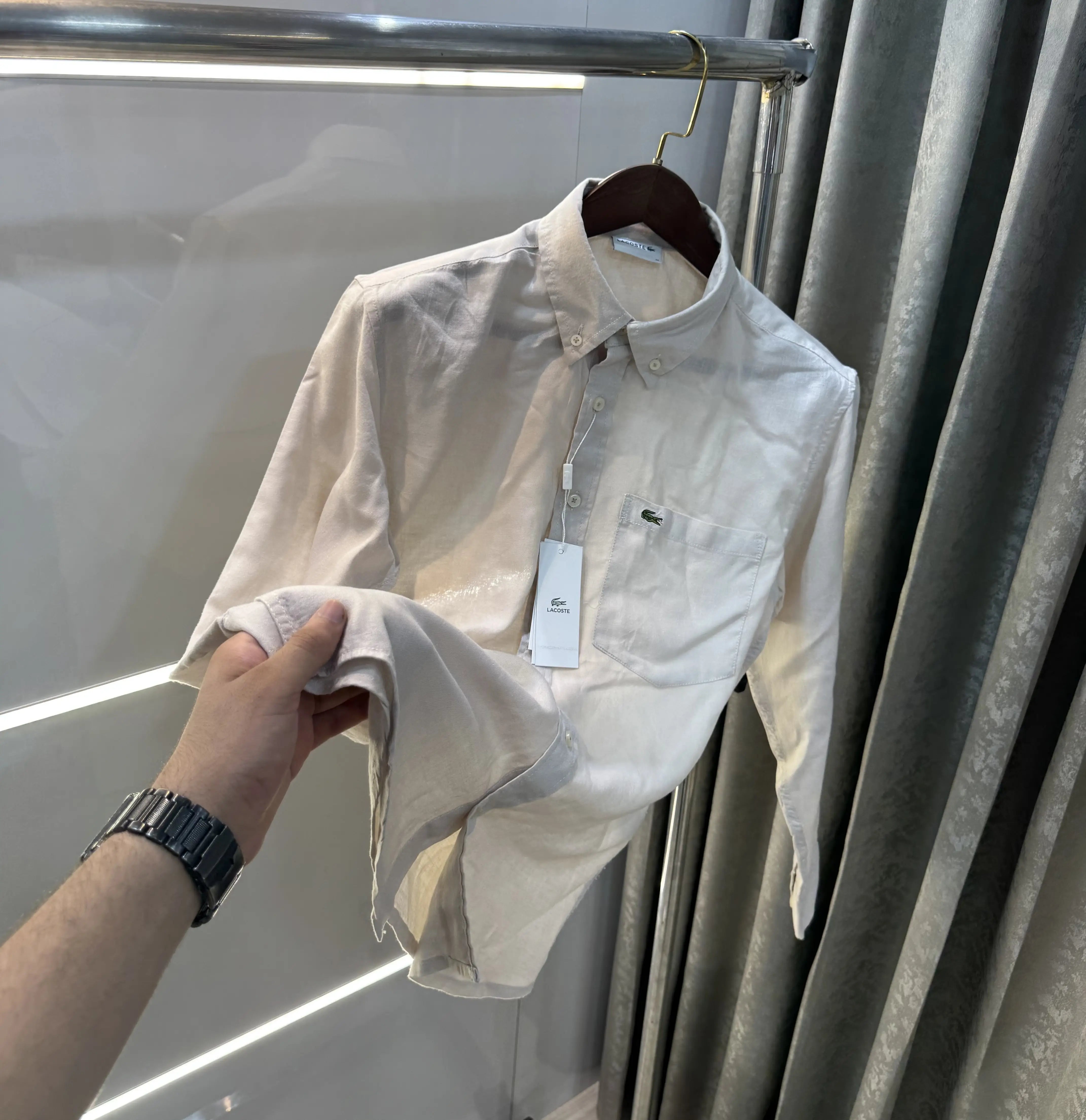 Lacoste Beige Embroidery Logo Premium Linen Shirt Main image