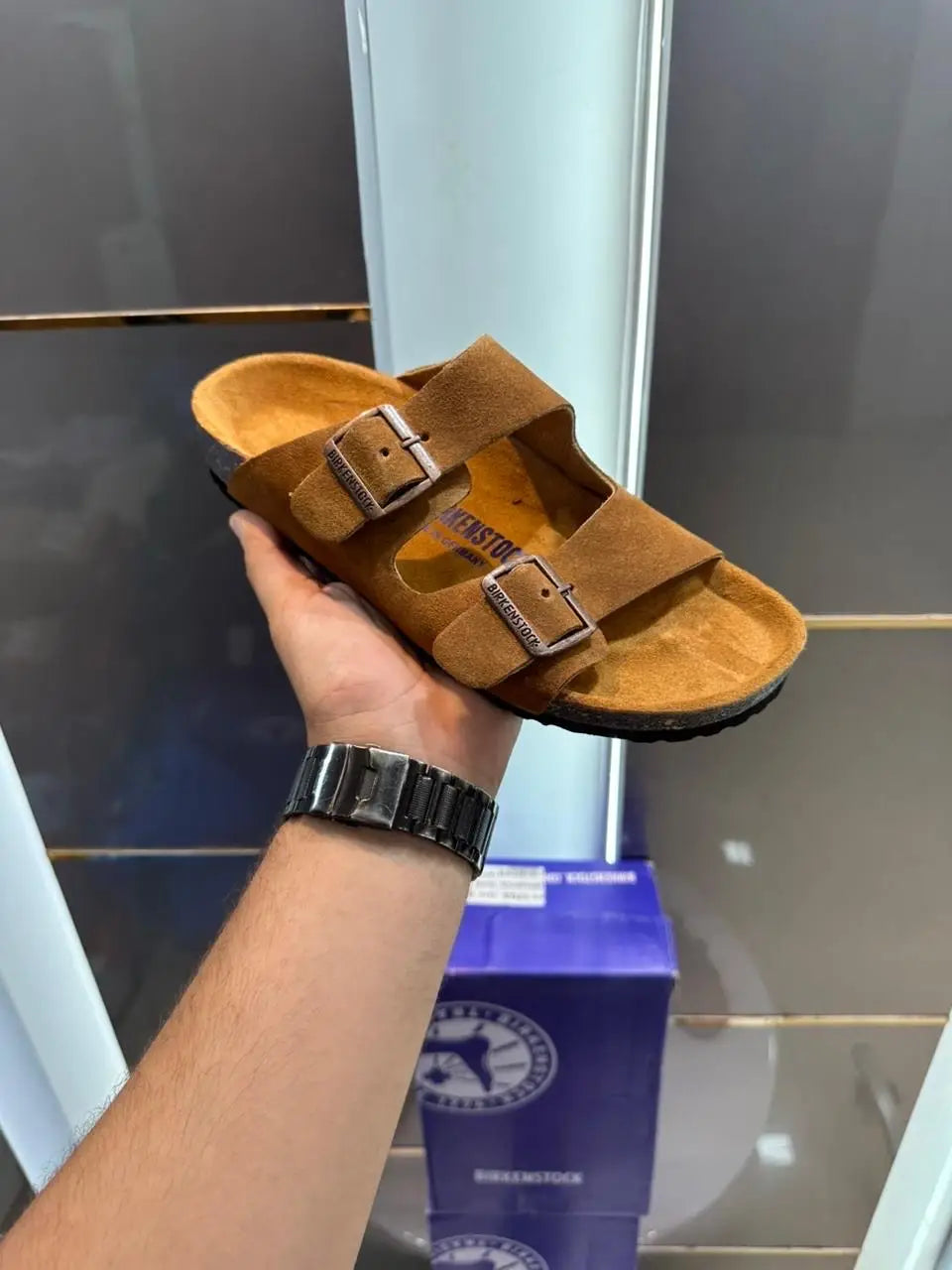 Birkenstock_Tan Arizona Suede Leather Slide