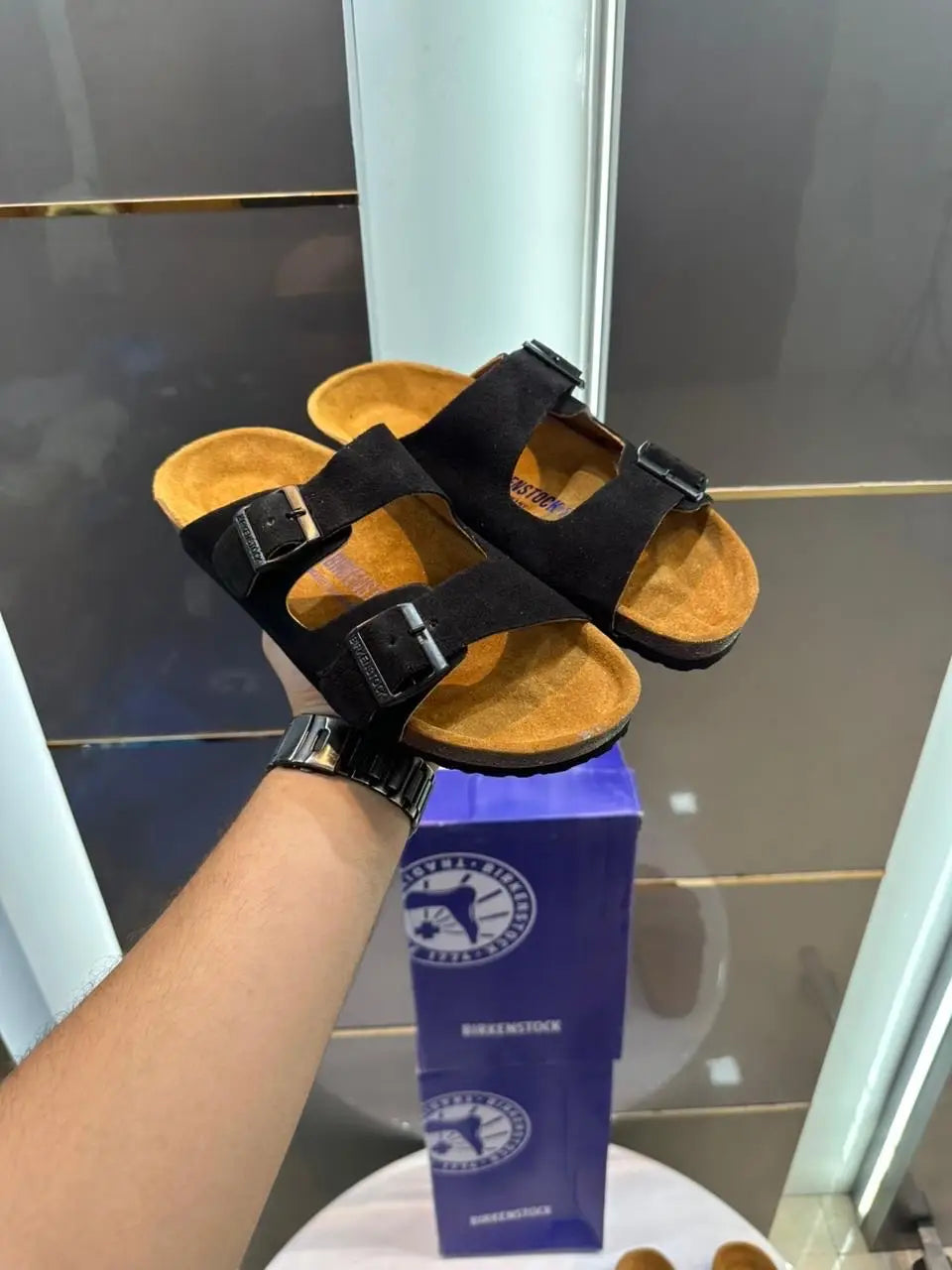 Birkenstock_Black Arizona Suede Leather Slide