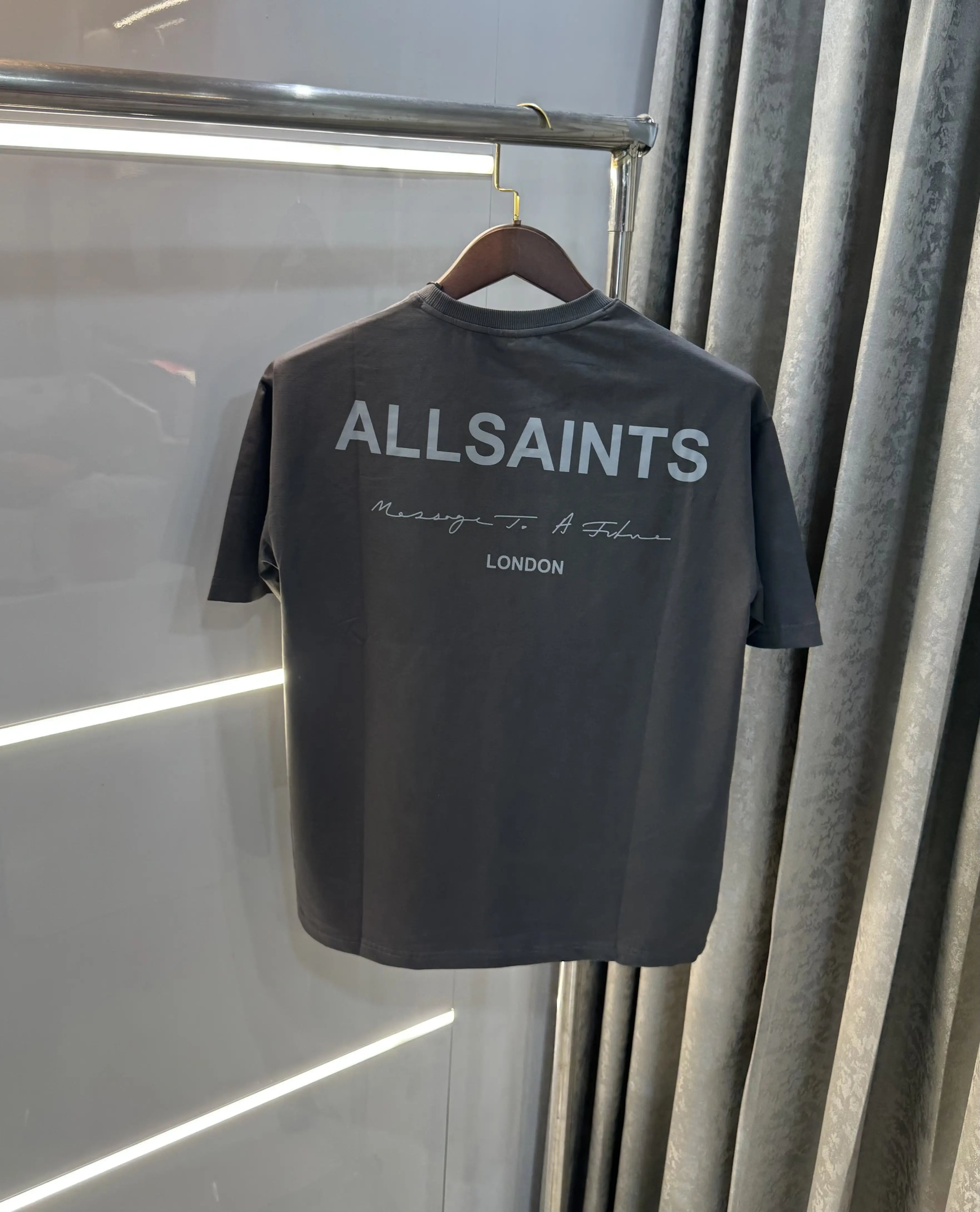 All Saints Dark Grey Logo Print Imported Oversized T-Shirt