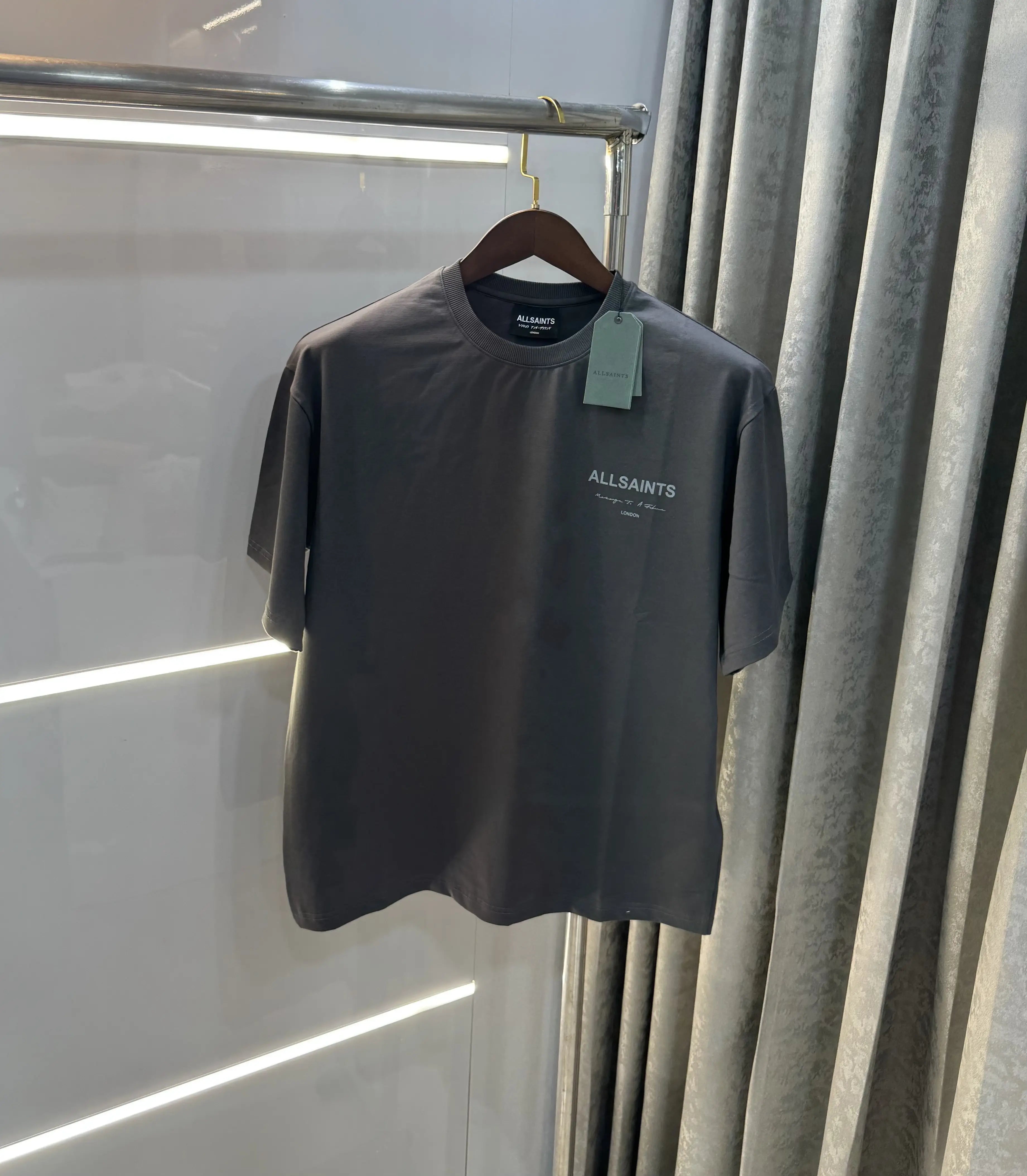 All Saints Dark Grey Logo Print Imported Oversized T-Shirt