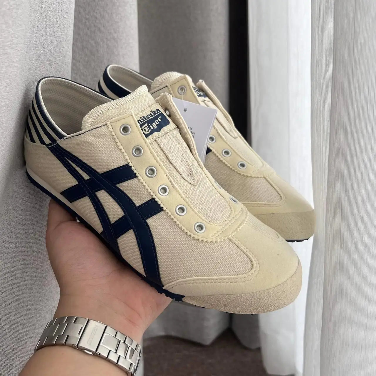 onitsuka tiger Mexico 66 Paraty Natural Navy Beige Slip On Girls D-1895