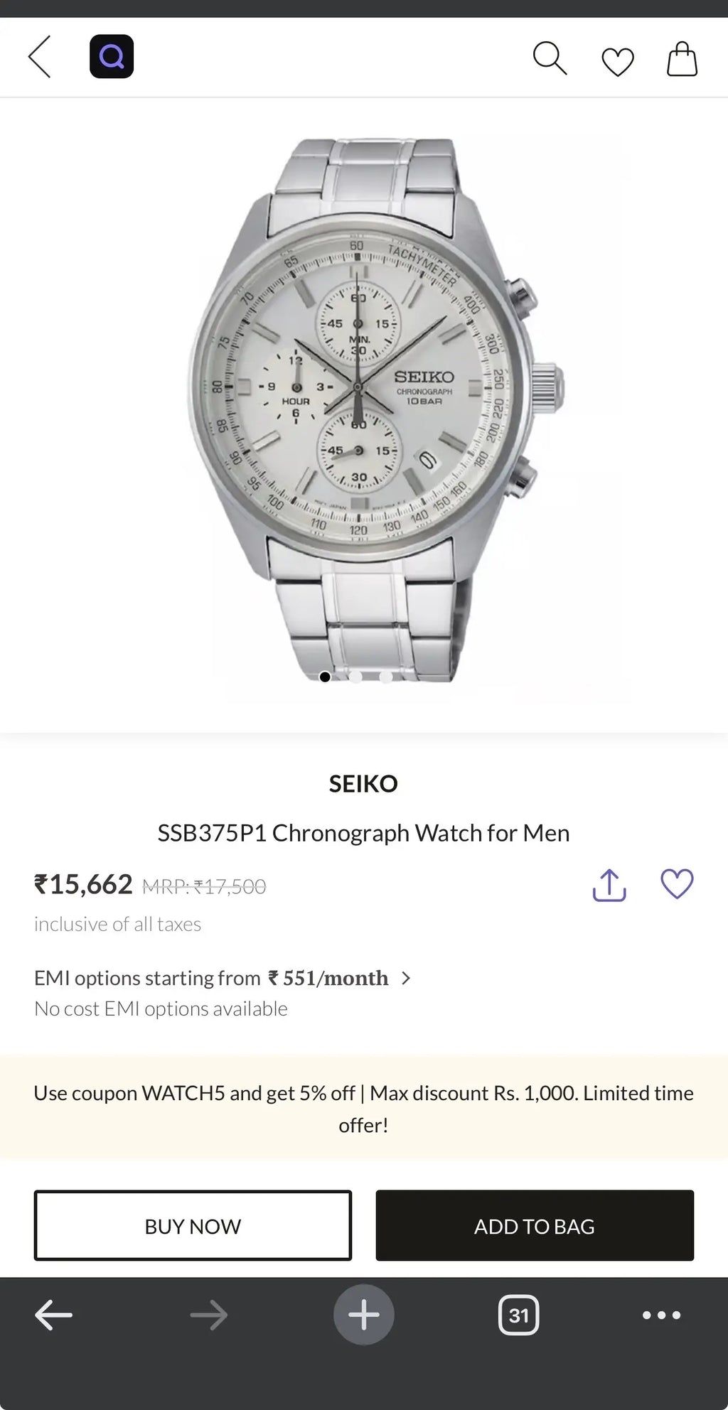 Seiko Dress Chronograph Silver White Premium Chronograph Watch