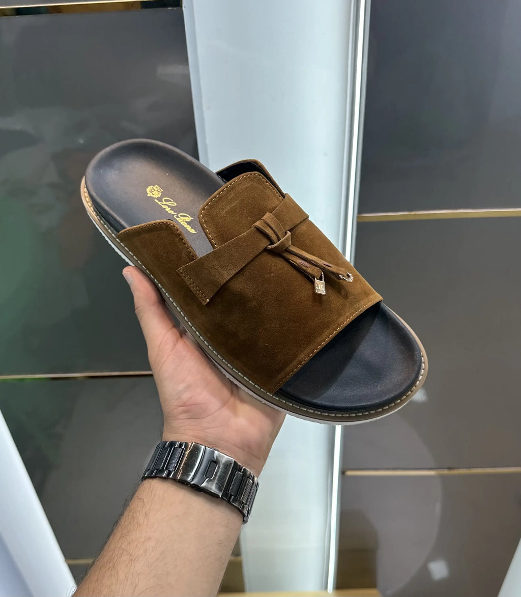 Loro_Pina Tan Suede Leather Slide